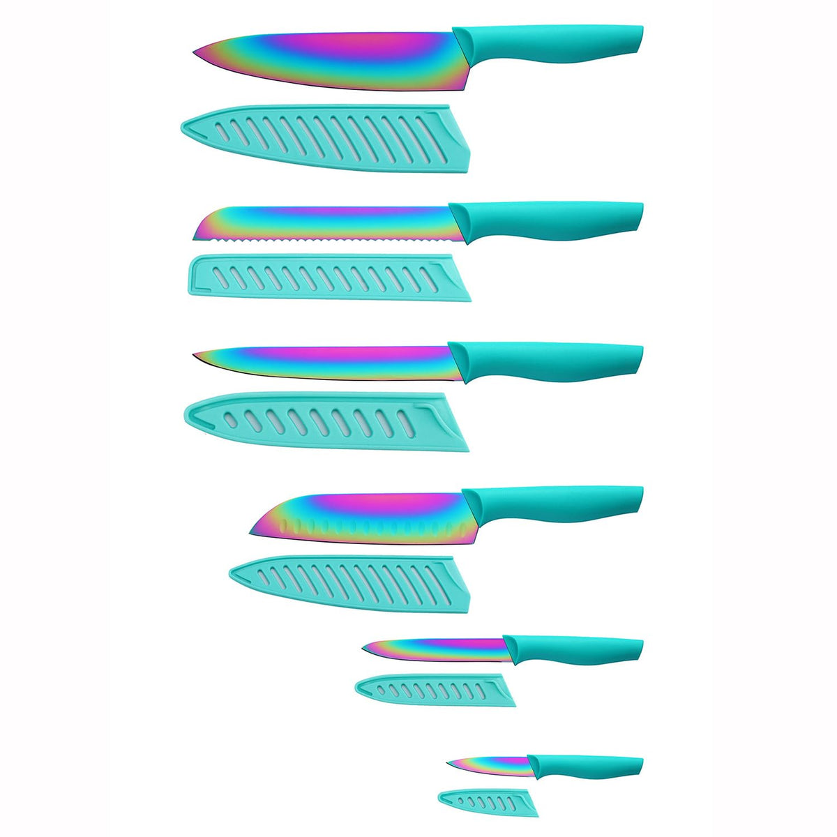 Marco Almond KYA37 rainbow knives in a box with covers for safe storage.