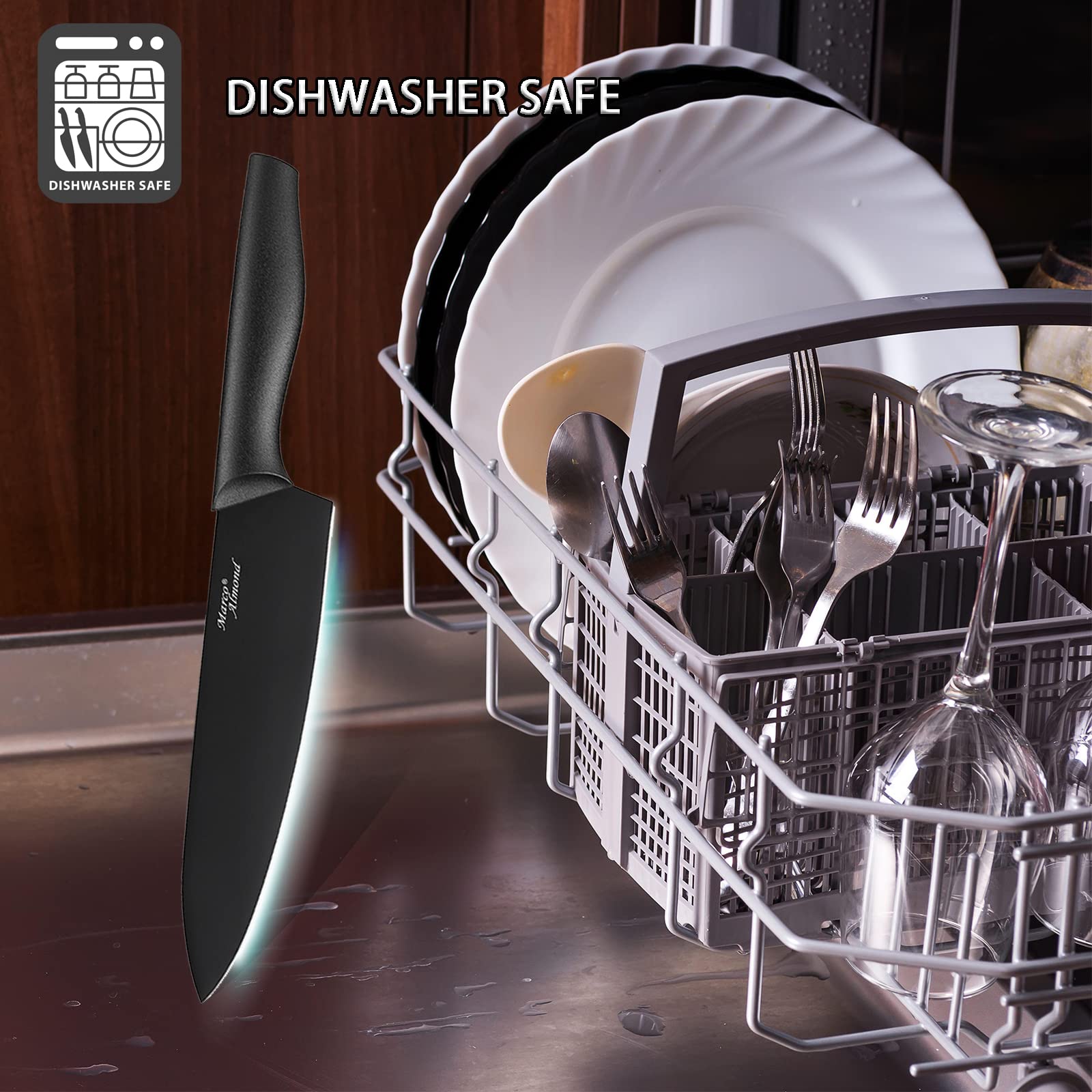 Marco Almond KYA38 8in bread knife with sheath, clean cuts and safe storage.