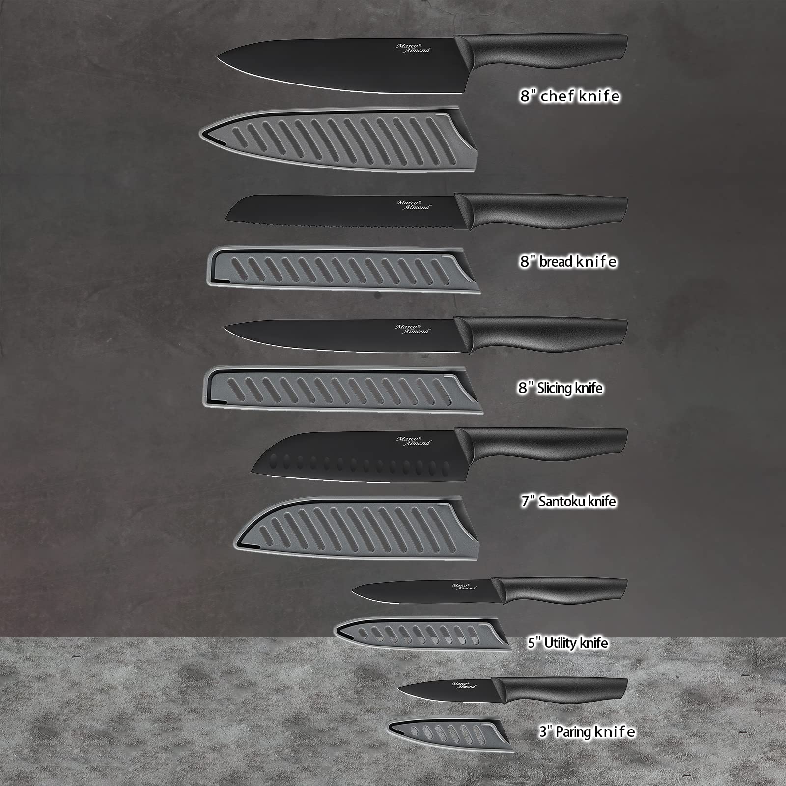 Marco Almond KYA38 8in chef knife with sheath enables safe daily prep.