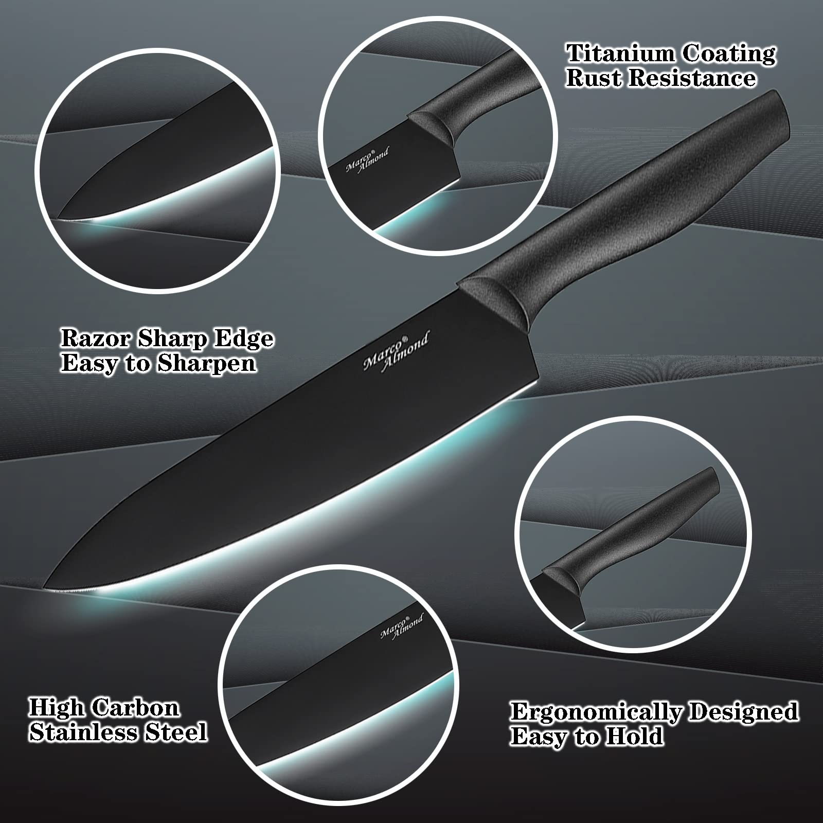 Marco Almond KYA38 8in slicing knife with sheath for precise roasts.
