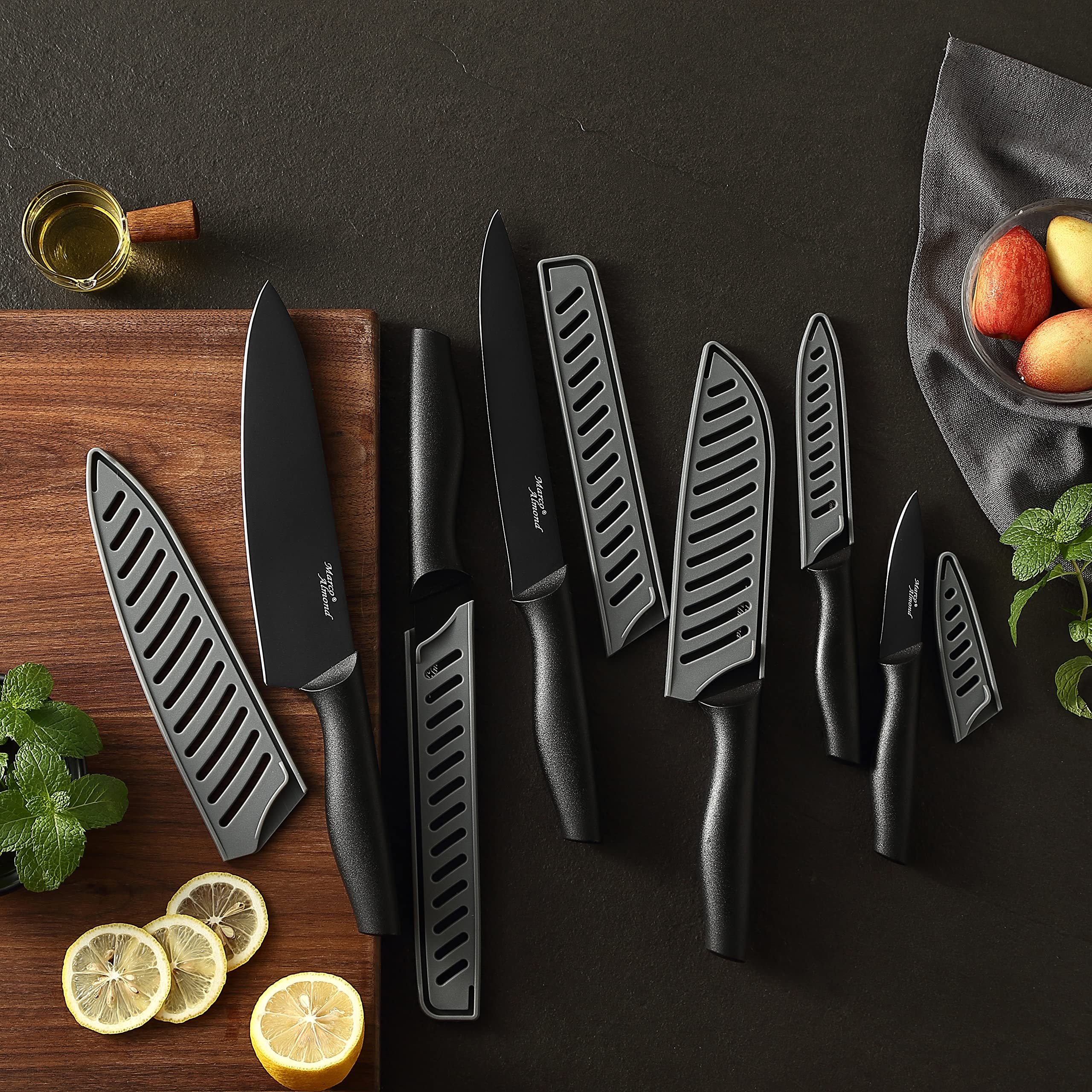 Marco Almond KYA38 black stainless blades resist rust and stay sharp.