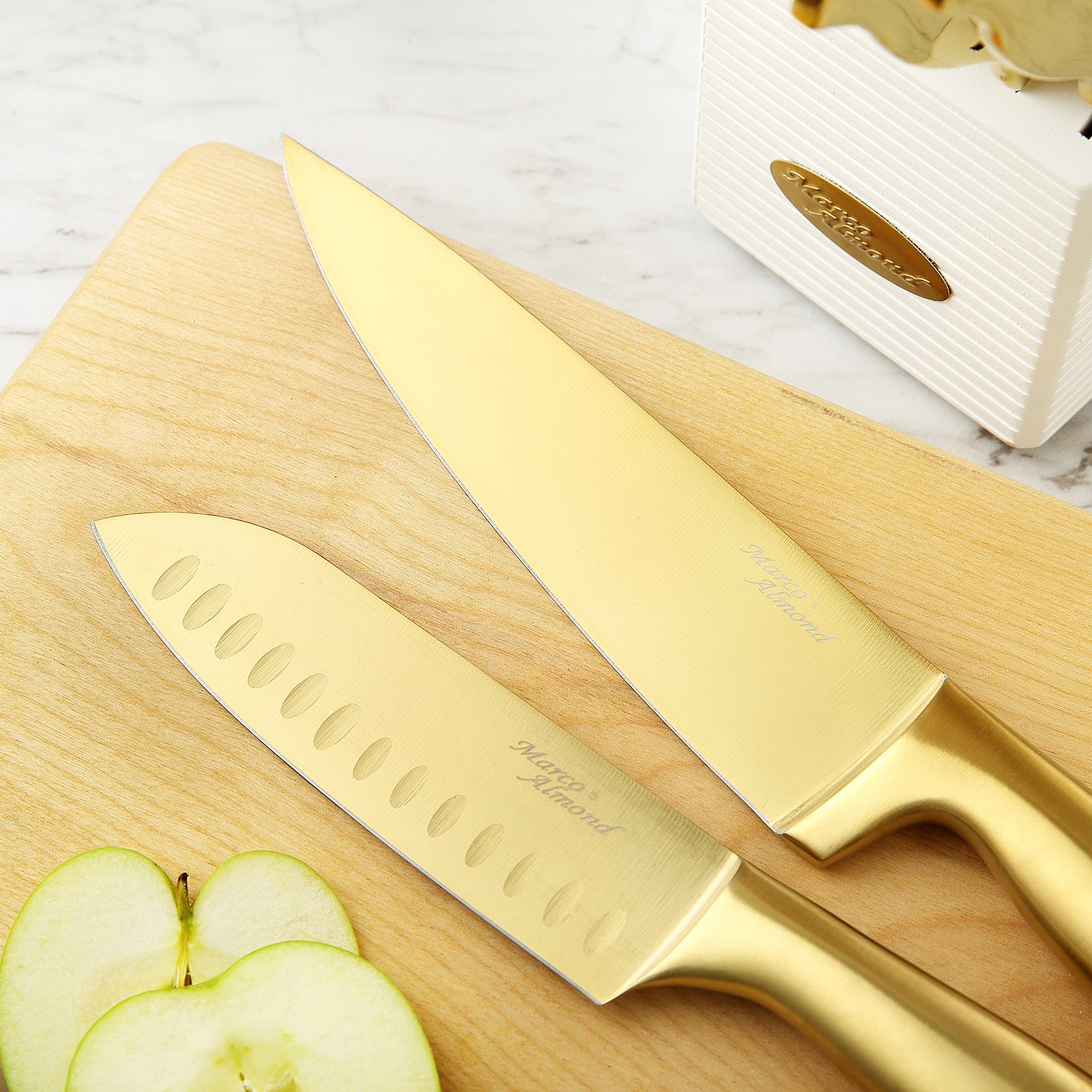 Marco Almond Wood block with knives demonstrates safe, tidy storage on the counter.