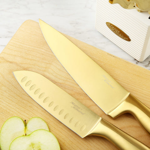 Marco Almond Wood block with knives demonstrates safe, tidy storage on the counter.