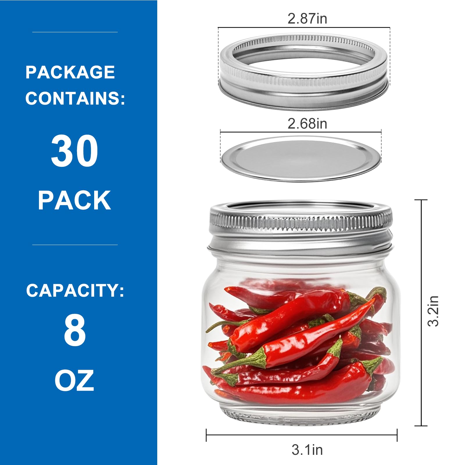 Maredash 30-pack mason jars with lids helps keep pantry organized.