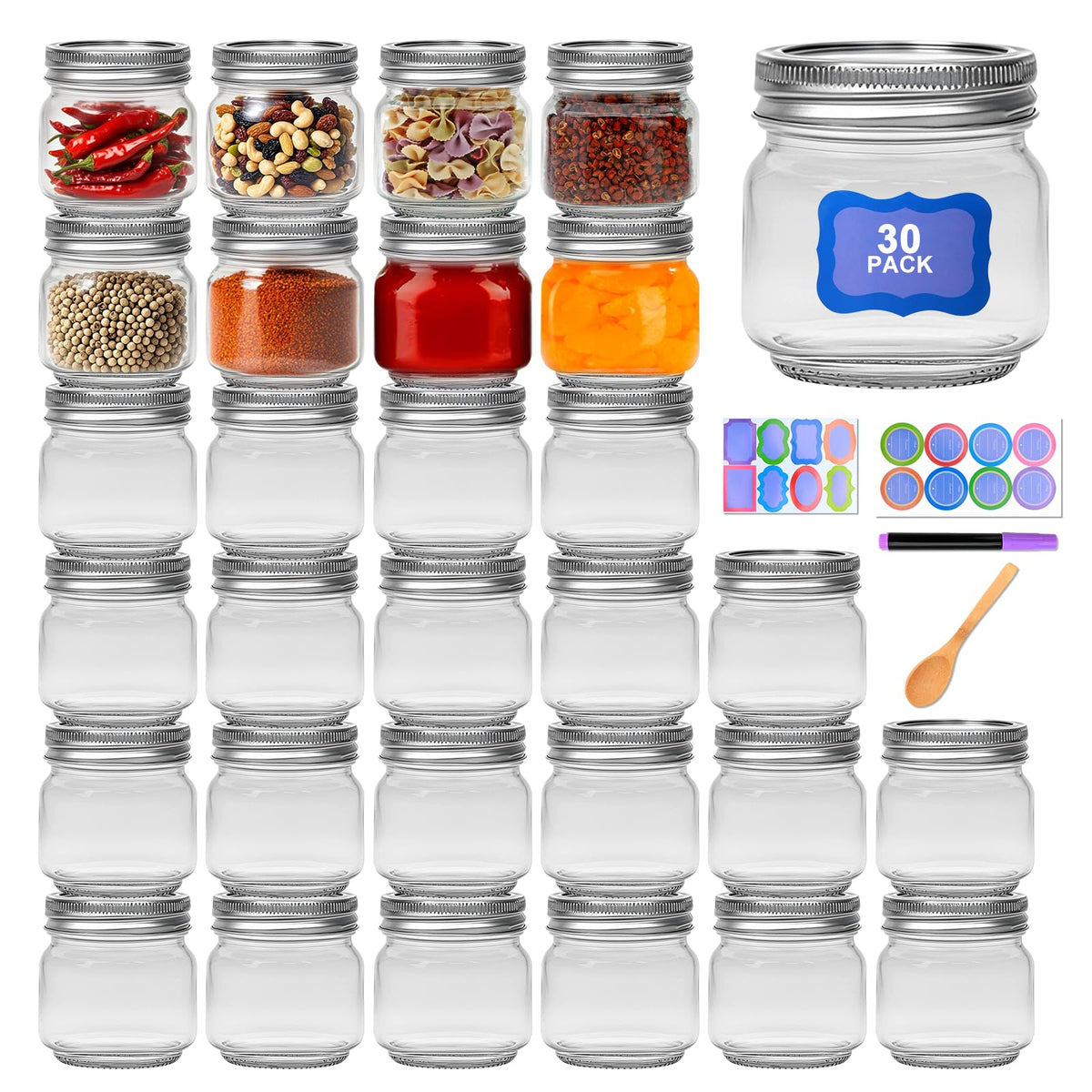 Maredash 8oz mason jar with lid, ideal for storing spices and jams.