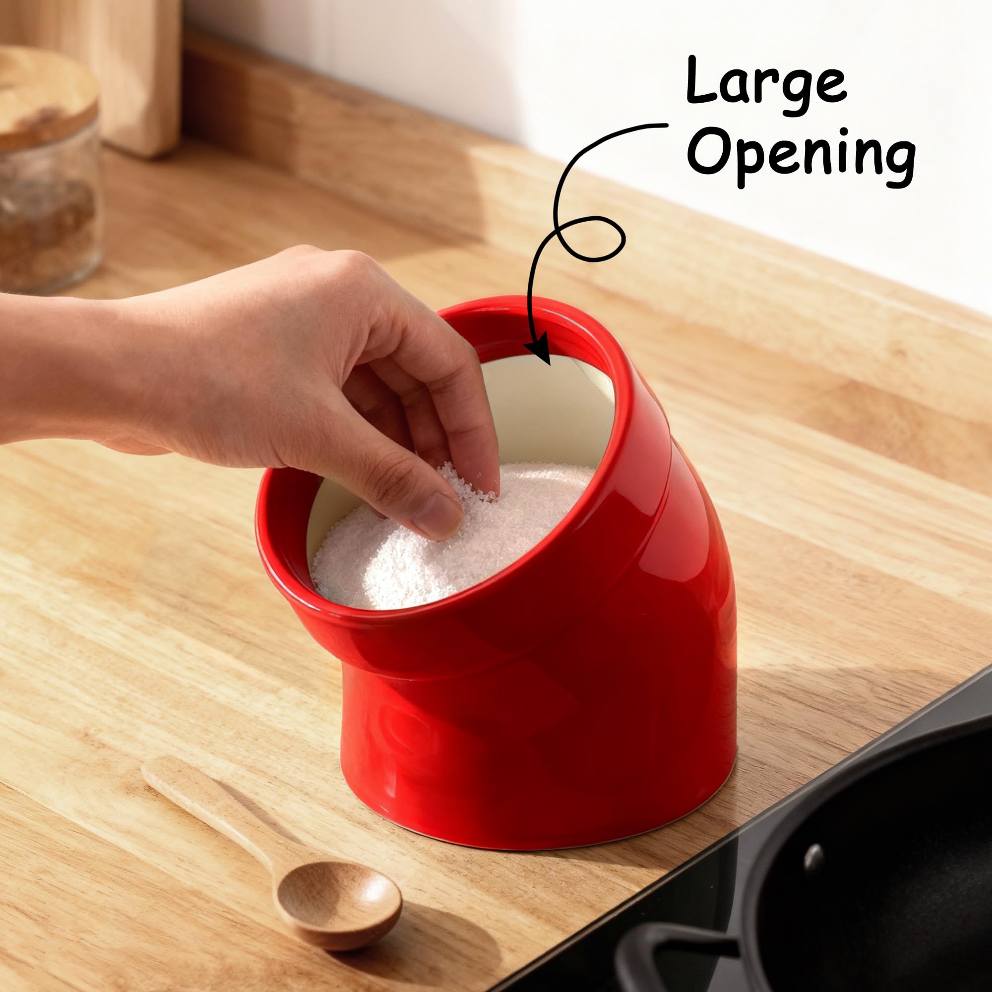 Marketty Salt Pig red surface beside dishwasher-safe icon for easy cleaning.