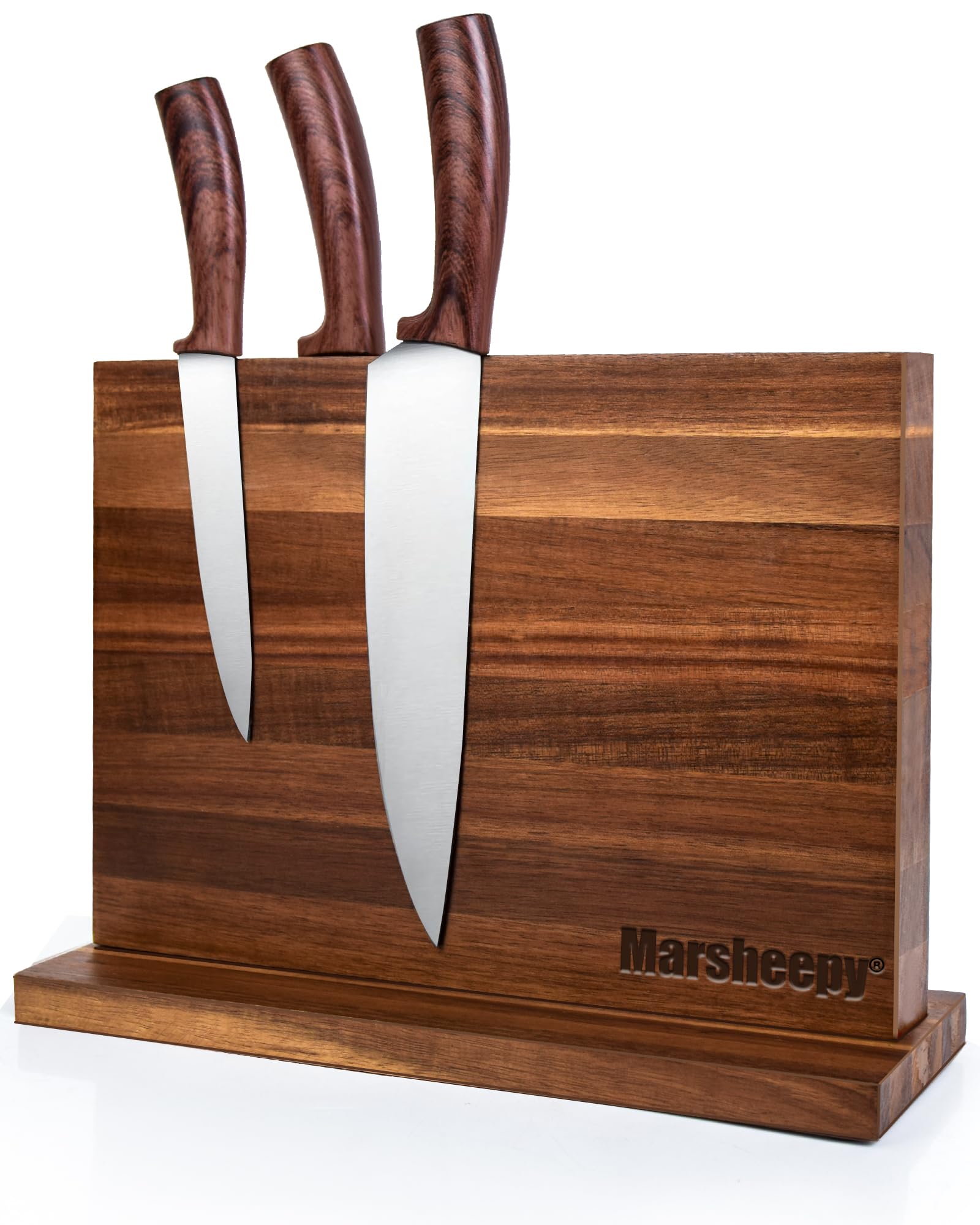 Marsheepy acacia wood knife block front view showing warm grain and compact storage.