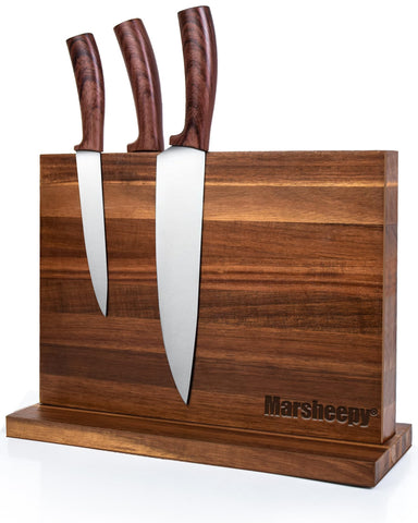 Marsheepy acacia wood knife block front view showing warm grain and compact storage.