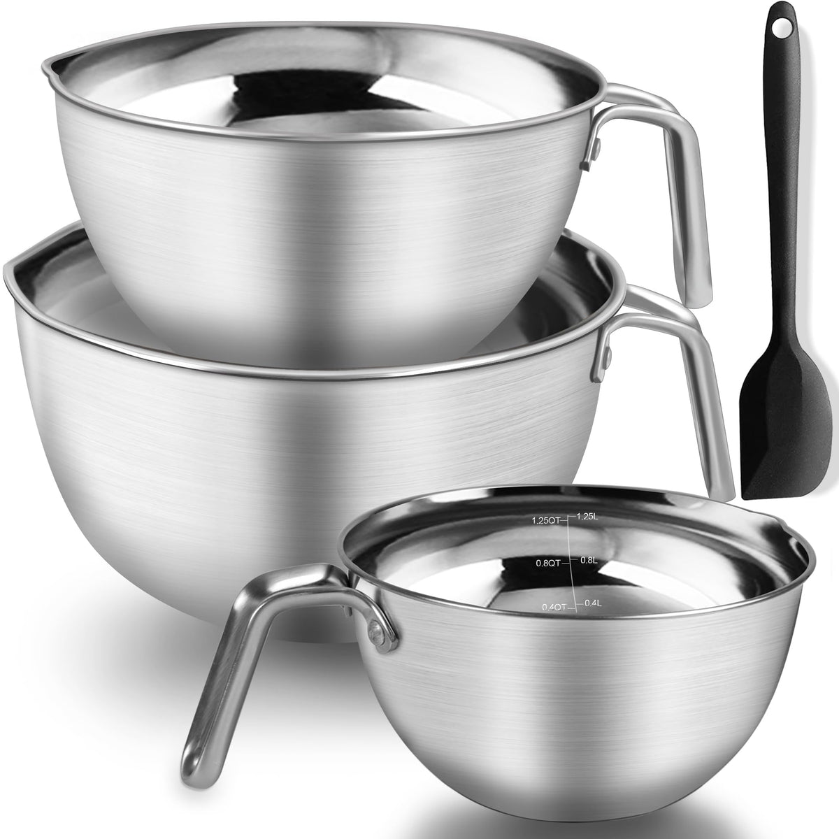 Marsheepy stainless steel mixing bowls with handle and pour spout for controlled pouring
