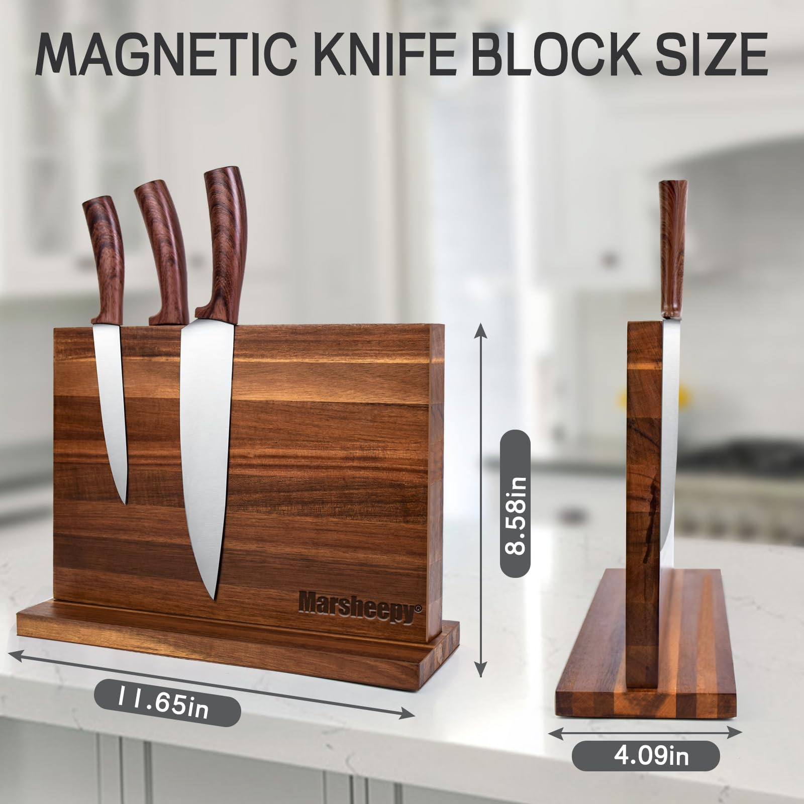 Marsheepy strong magnets securely hold paring, santoku, and bread knives.