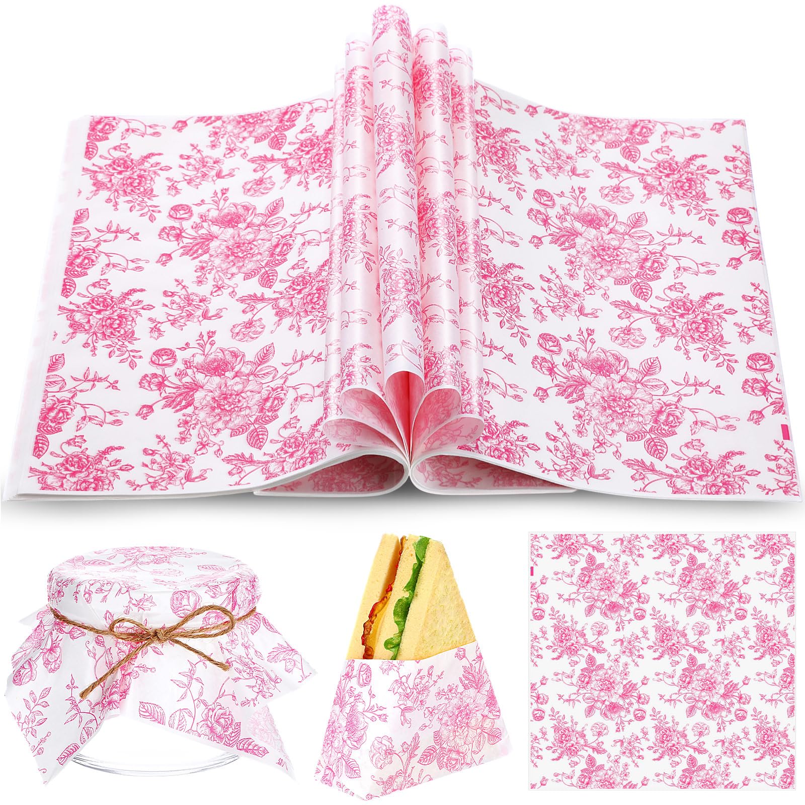 Marspark floral wax paper in pink provides greaseproof wrapping for sandwiches.