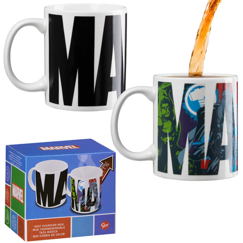 Marvel 312ml heat-colour-change mug reveals design when hot, perfect for daily rituals.