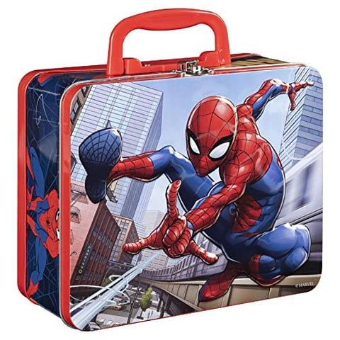 Puzzle pieces stored securely in a kid-friendly tin designed for easy transport.