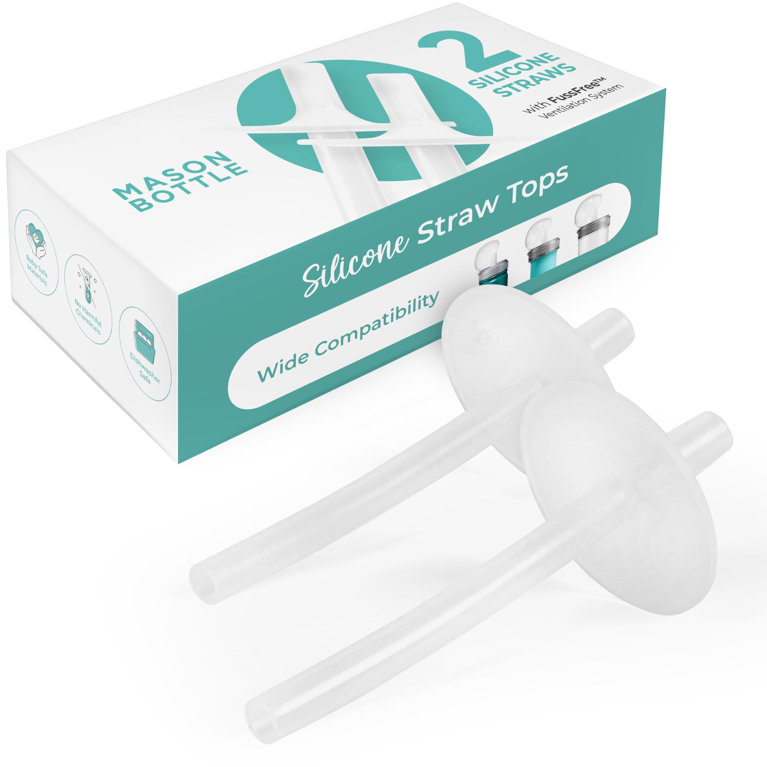 Mason Bottle two-pack silicone straw toppers for 8oz jars, easy sippy conversion.