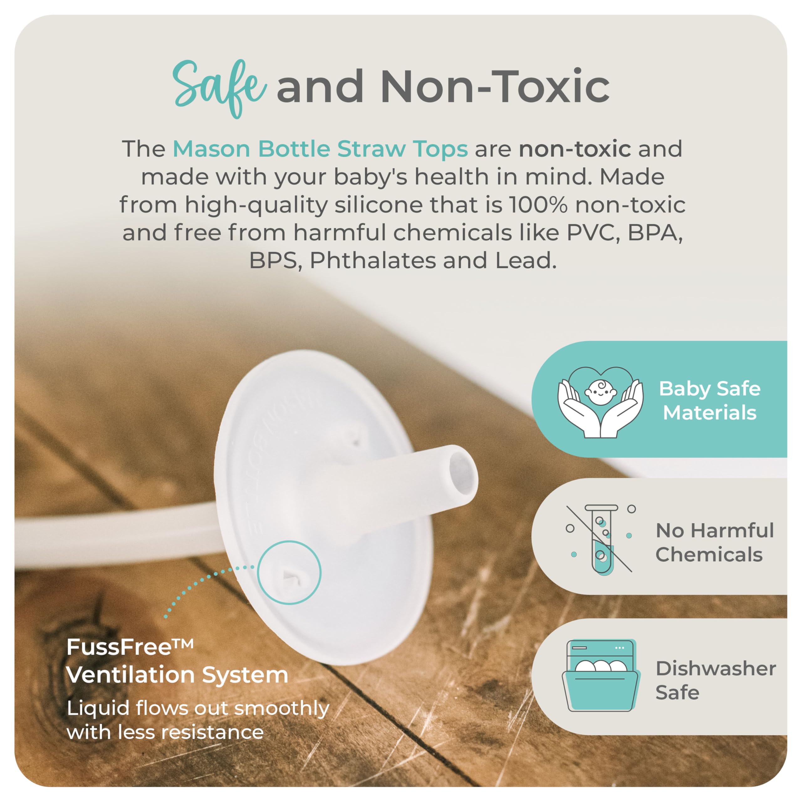 Mason Bottle dishwasher-safe toppers simplify cleanup.