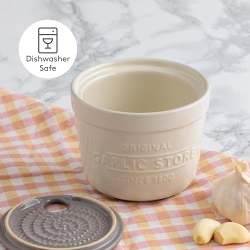 Mason Cash stoneware garlic container in white and grey blends with modern kitchens.