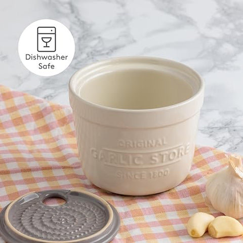 Mason Cash stoneware garlic container in white and grey blends with modern kitchens.