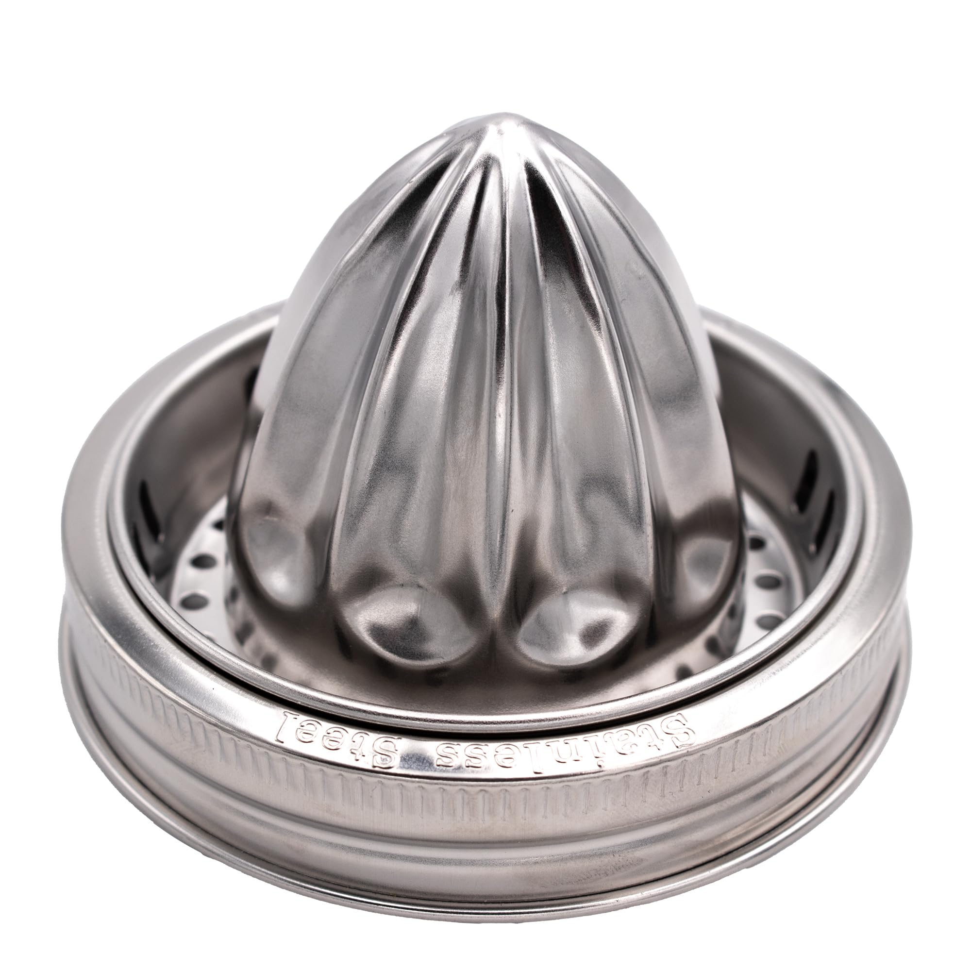 Mason Jar Lifestyle stainless steel juicer lid fits wide-mouth jars for easy citrus extraction.