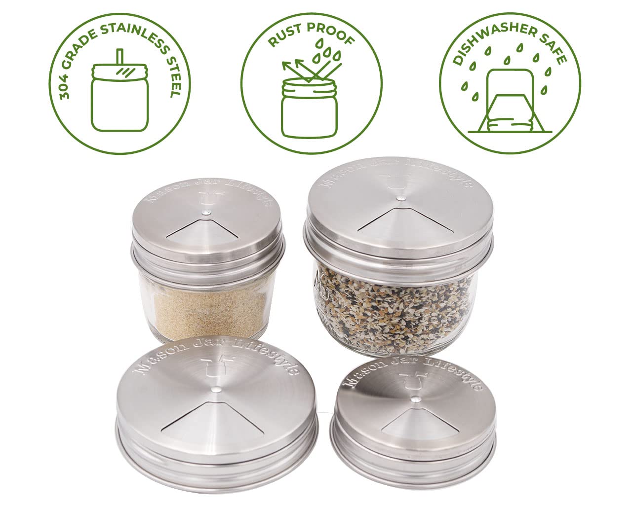 Mason Jar Lifestyle wide-mouth lid fits pint and quart jars for easy seasoning.