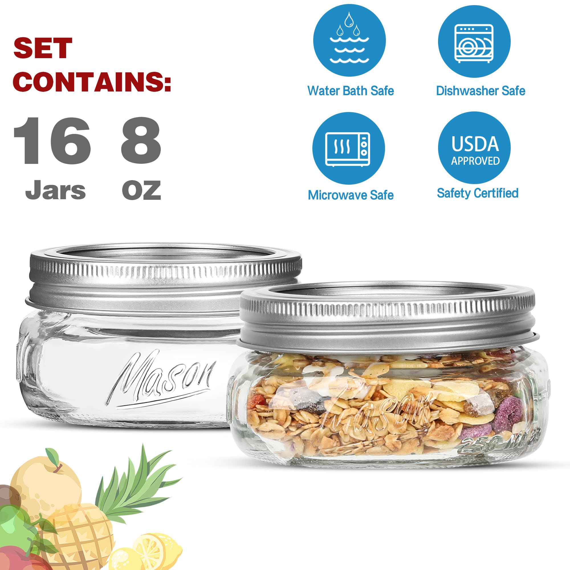 Clear 8 oz Mason Jars show contents clearly for jams and sauces