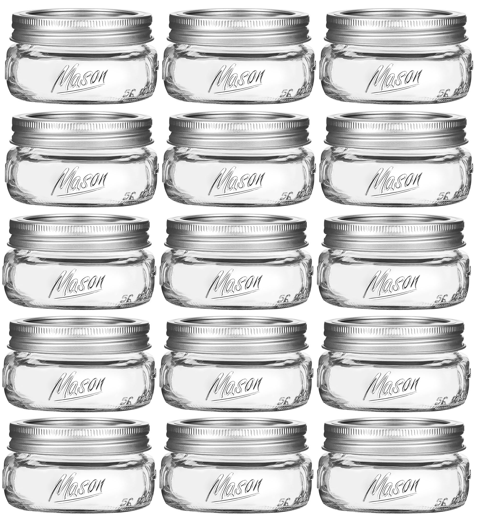 16 Pack Mason Jars 8 oz with wide mouth and silver lids, ideal for canning and storage