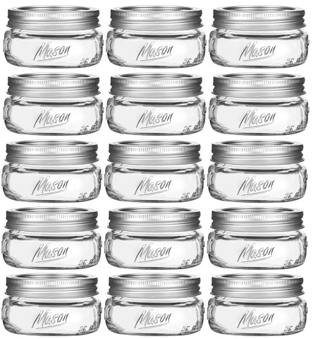 16 Pack Mason Jars 8 oz with wide mouth and silver lids, ideal for canning and storage