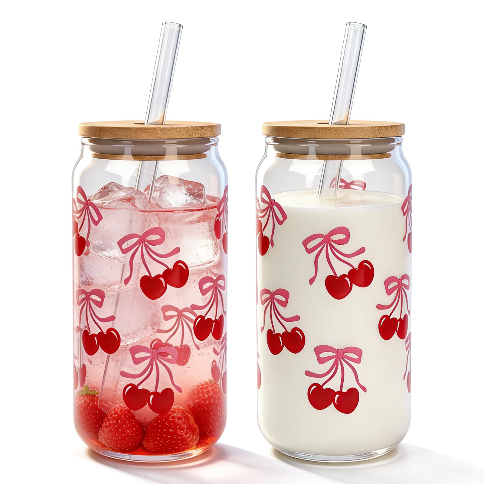 Mason Life cherries bows glass cups with lids and straws for stylish everyday sipping