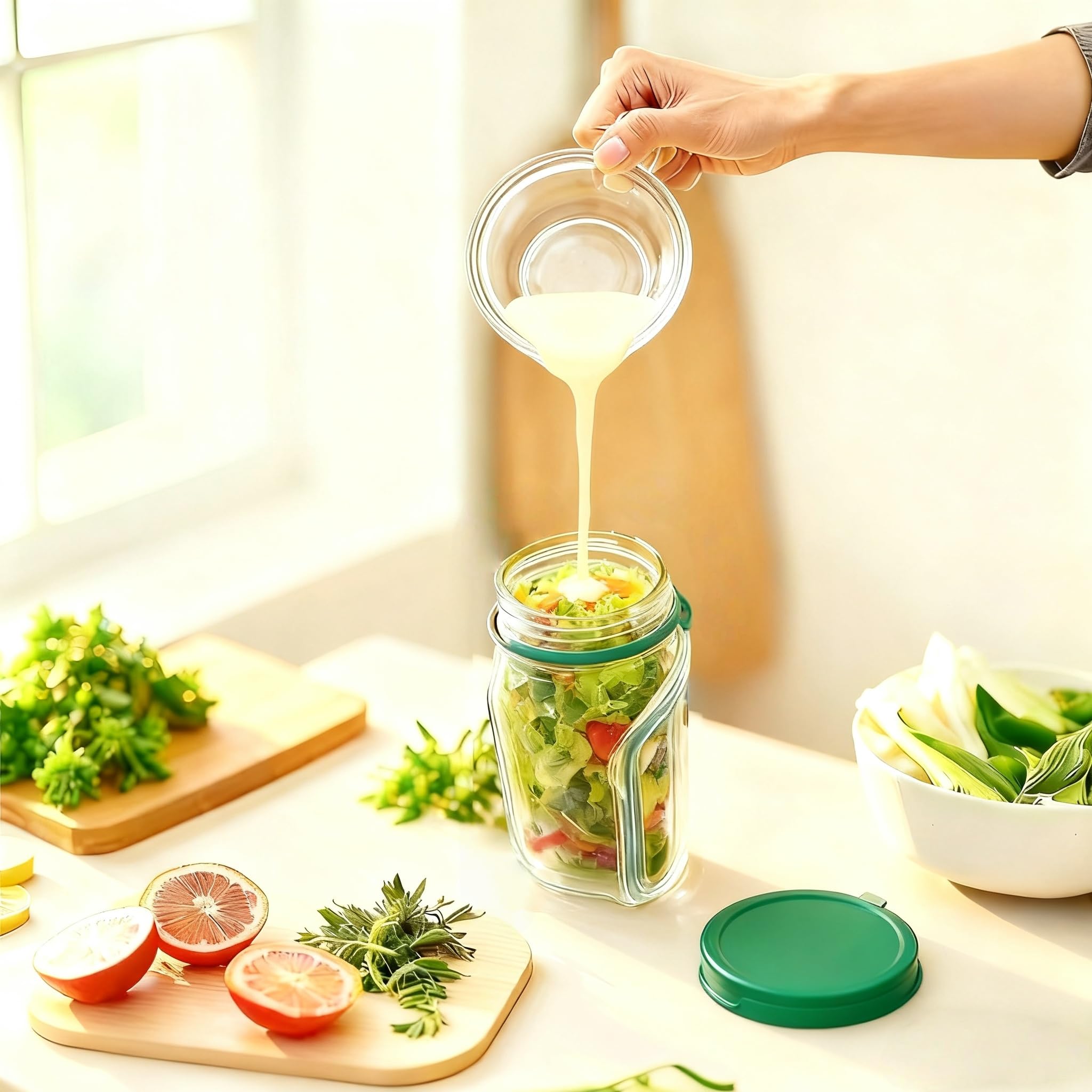 Mason salad jar front hatch for effortless ingredient loading on the go