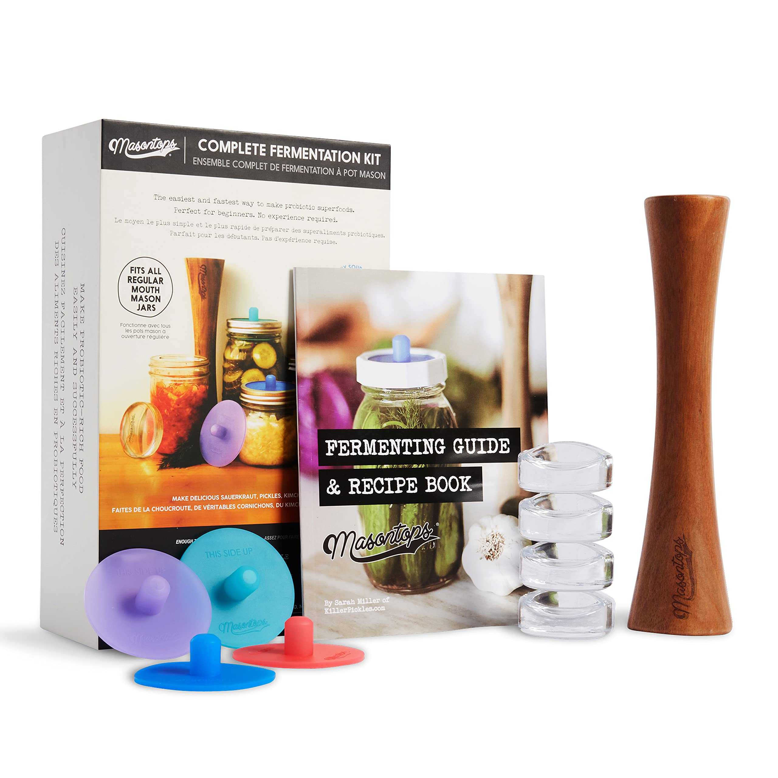 Masontops airlock tops on regular-mouth jars for easy gas venting.