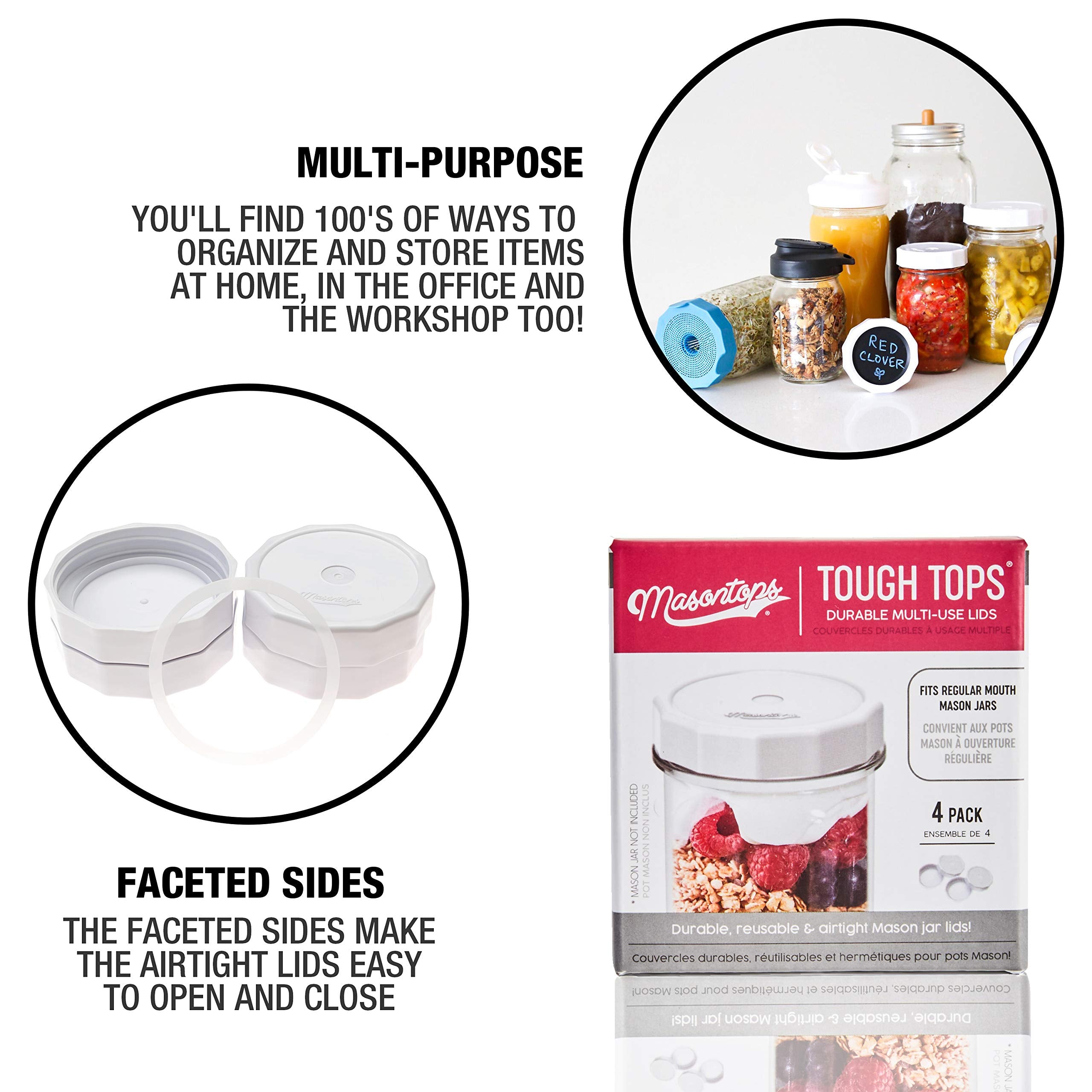 Masontops BPA-free plastic lid keeps foods safe without chemical leaching.