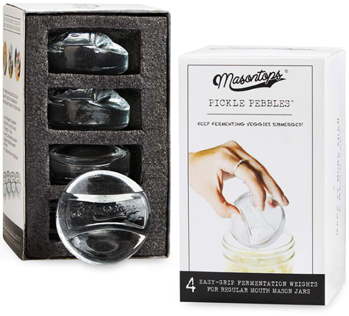 Masontops Pickle Pebble small-mouth weight keeps vegetables submerged during fermentation.