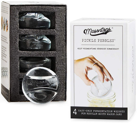 Masontops Pickle Pebble small-mouth weight keeps vegetables submerged during fermentation.