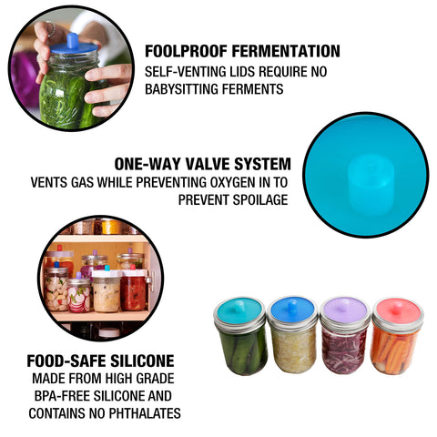 Masontops Pickle Pipes purple lid on a jar helps prevent spoilage during fermentation.