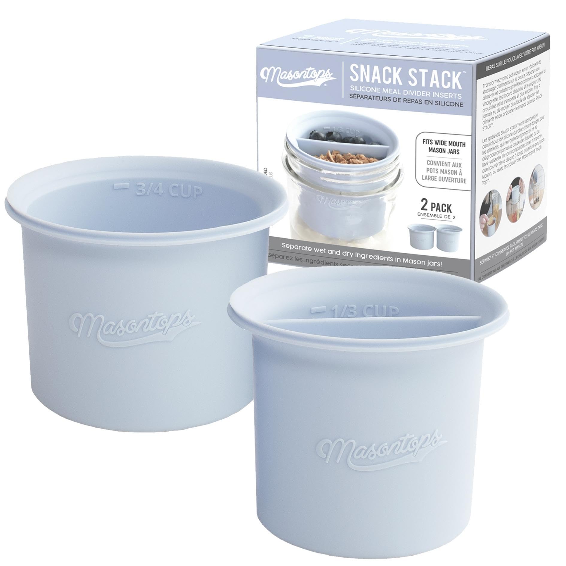 Masontops Snack Stack wide-mouth divider jars keep ingredients separate for fresh meals.