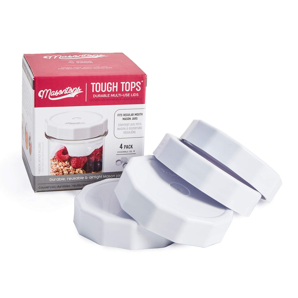 Masontops Tough Tops regular-mouth white lid with leakproof seal for jars.