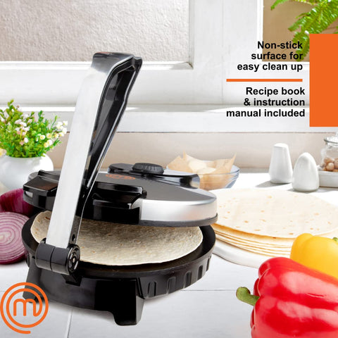 MasterChef electric tortilla maker cooking a 10-inch tortilla on even-heat plates
