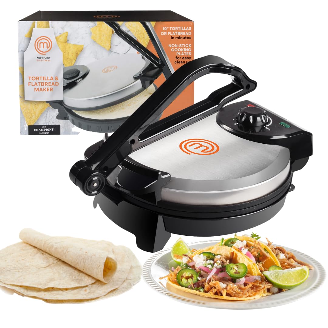 MasterChef electric tortilla maker front view with 10-inch tortillas ready for quick flatbreads