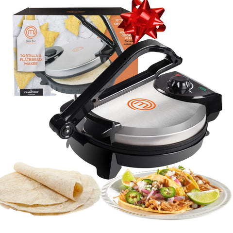 MasterChef electric tortilla maker on kitchen counter with tacos and flatbreads