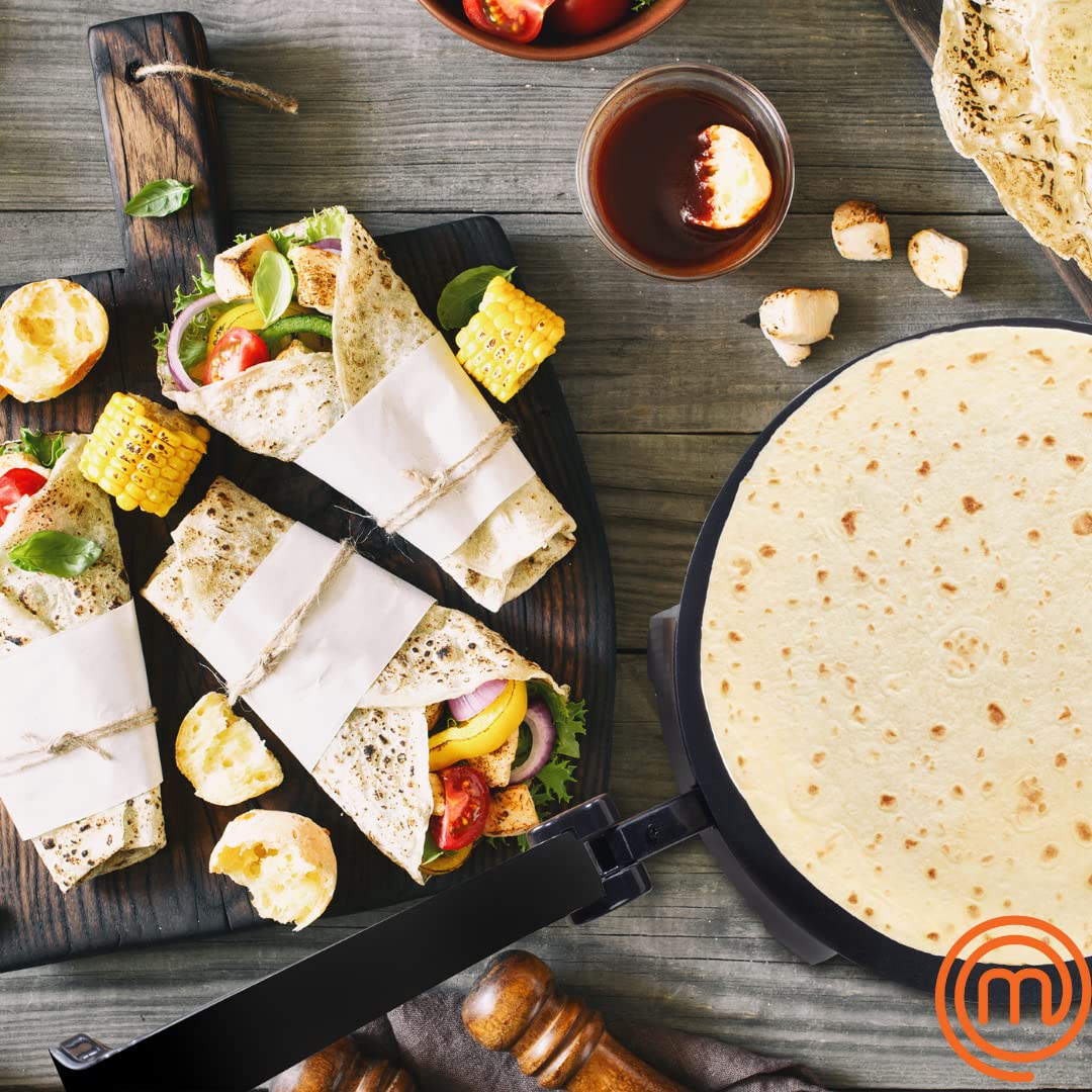 MasterChef electric tortilla maker open lid reveals heavy-weight aluminum cooking plates