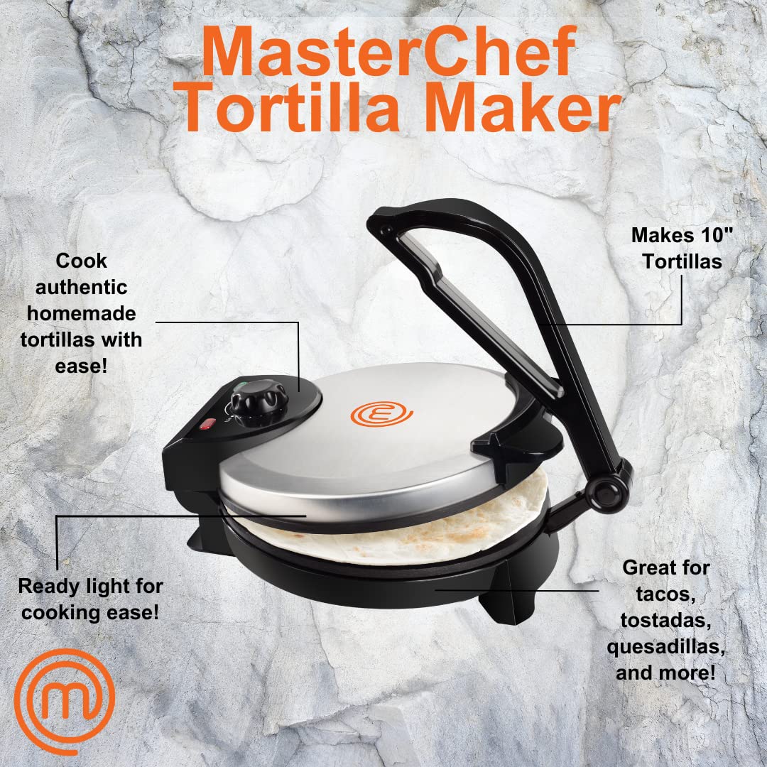 MasterChef electric tortilla maker top view showing non-stick plates for easy release