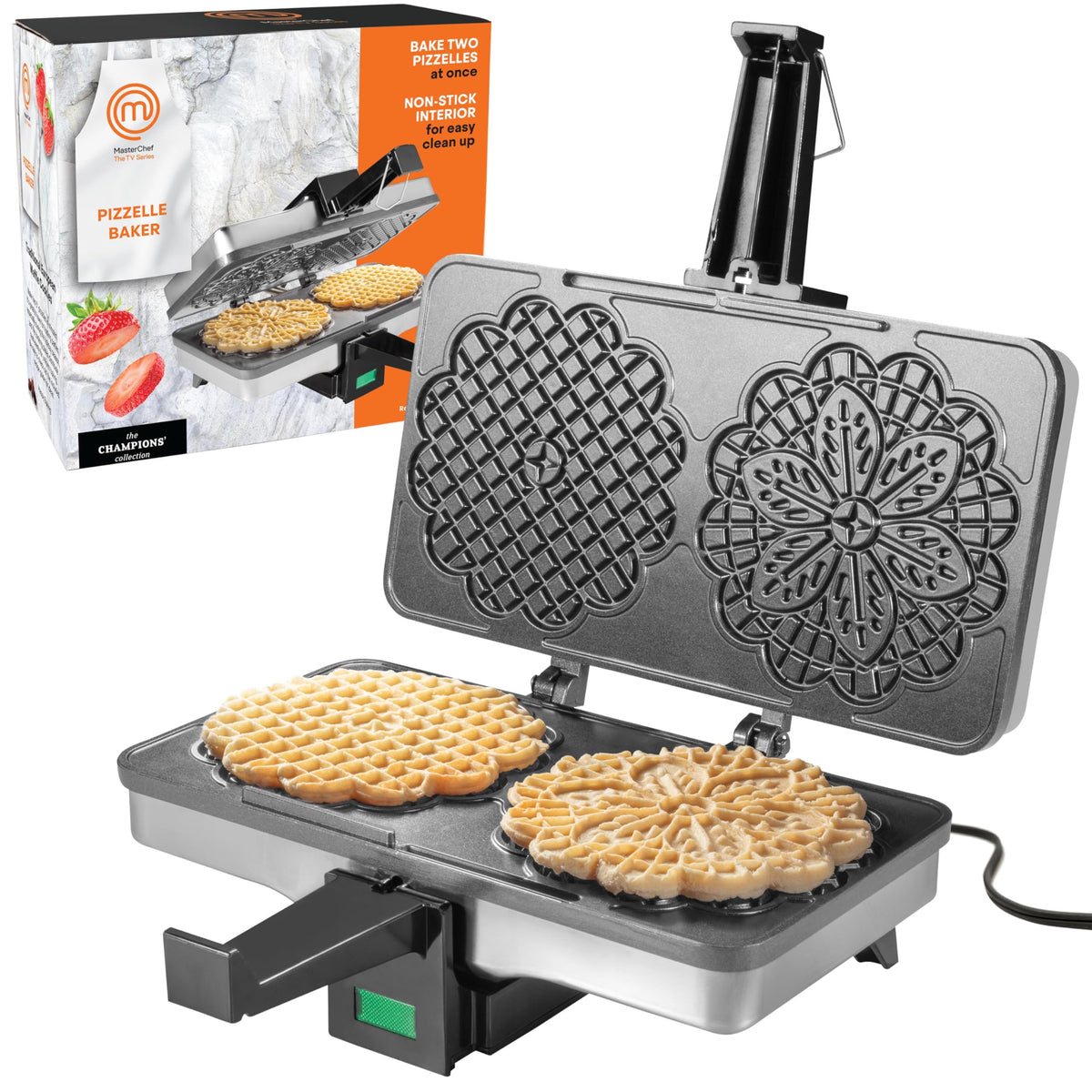 MasterChef Pizzelle Maker bakes two cookies at once for quick entertaining.