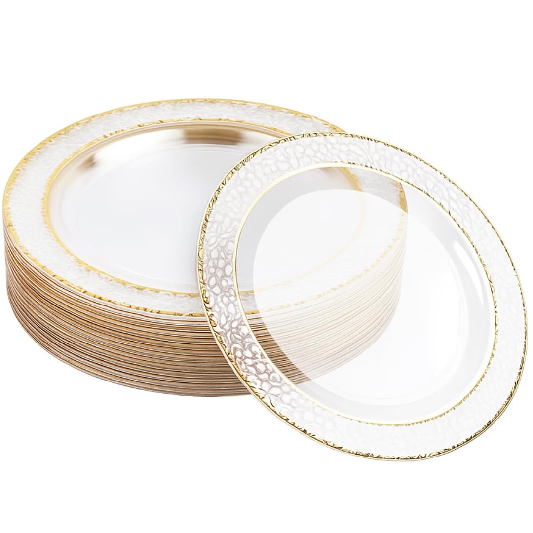 MATANA 20-pack clear plates with hammered gold rim elevate elegant dinner settings.