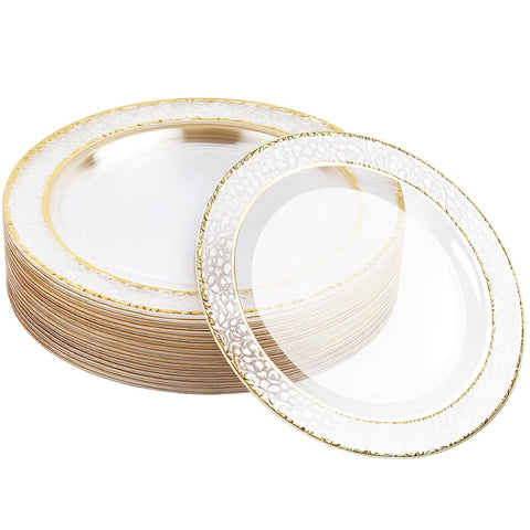 MATANA 20-pack clear plates with hammered gold rim elevate elegant dinner settings.