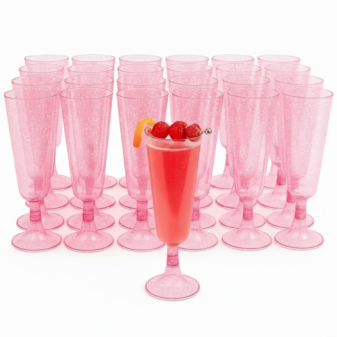 MATANA 50 glitter pink champagne flutes for elegant weddings and pink-themed celebrations.