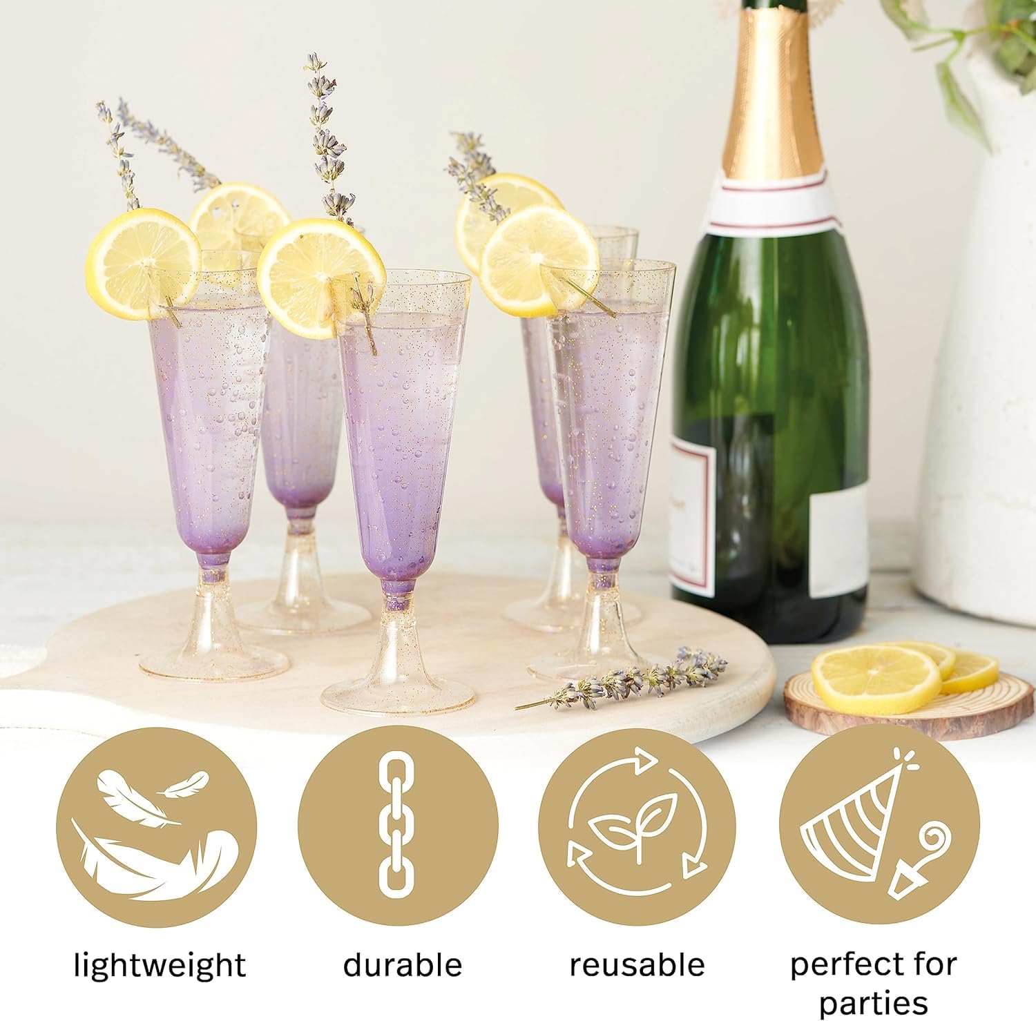 Matana 50 champagne flutes on a dining table setting.