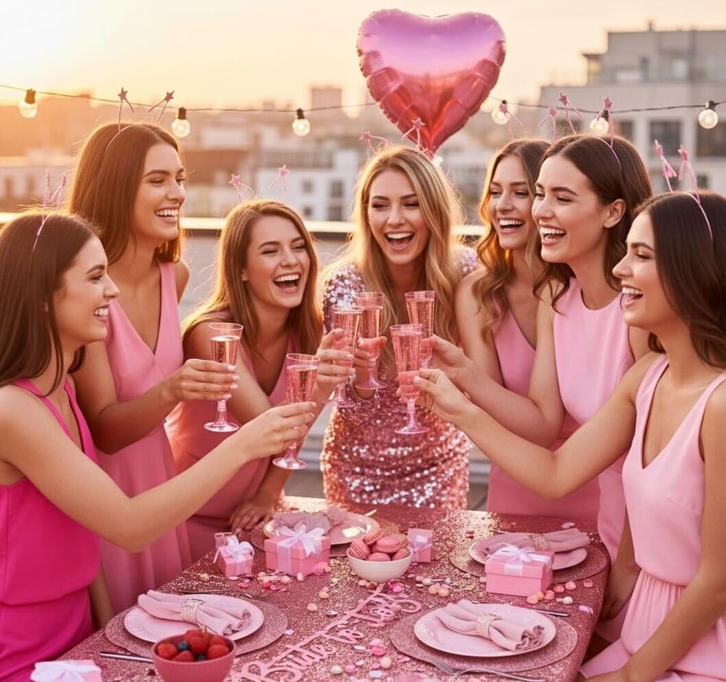 MATANA pink glitter plastic wine glasses add sparkle for outdoor champagne service.