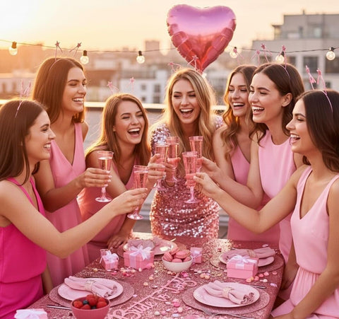MATANA pink glitter plastic wine glasses add sparkle for outdoor champagne service.