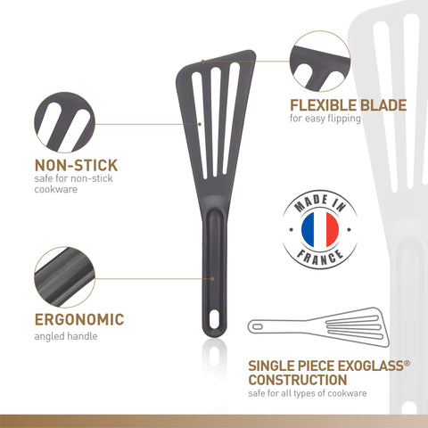 Exoglass 430°F heat resistance badge on spatula surface showcasing durability.