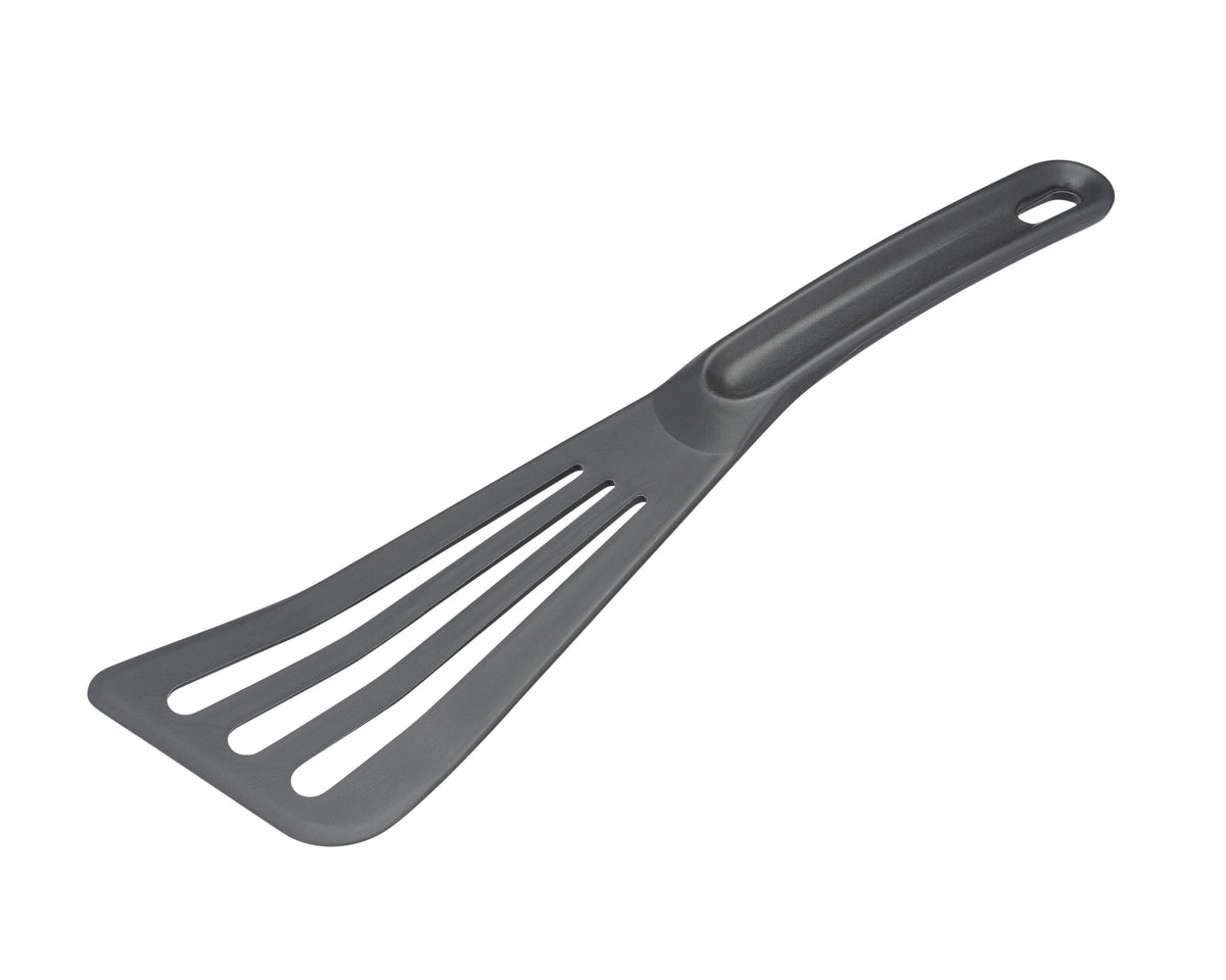 Matfer Bourgeat Exoglass slotted Pelton spatula grey front view, ideal for nonstick pans.