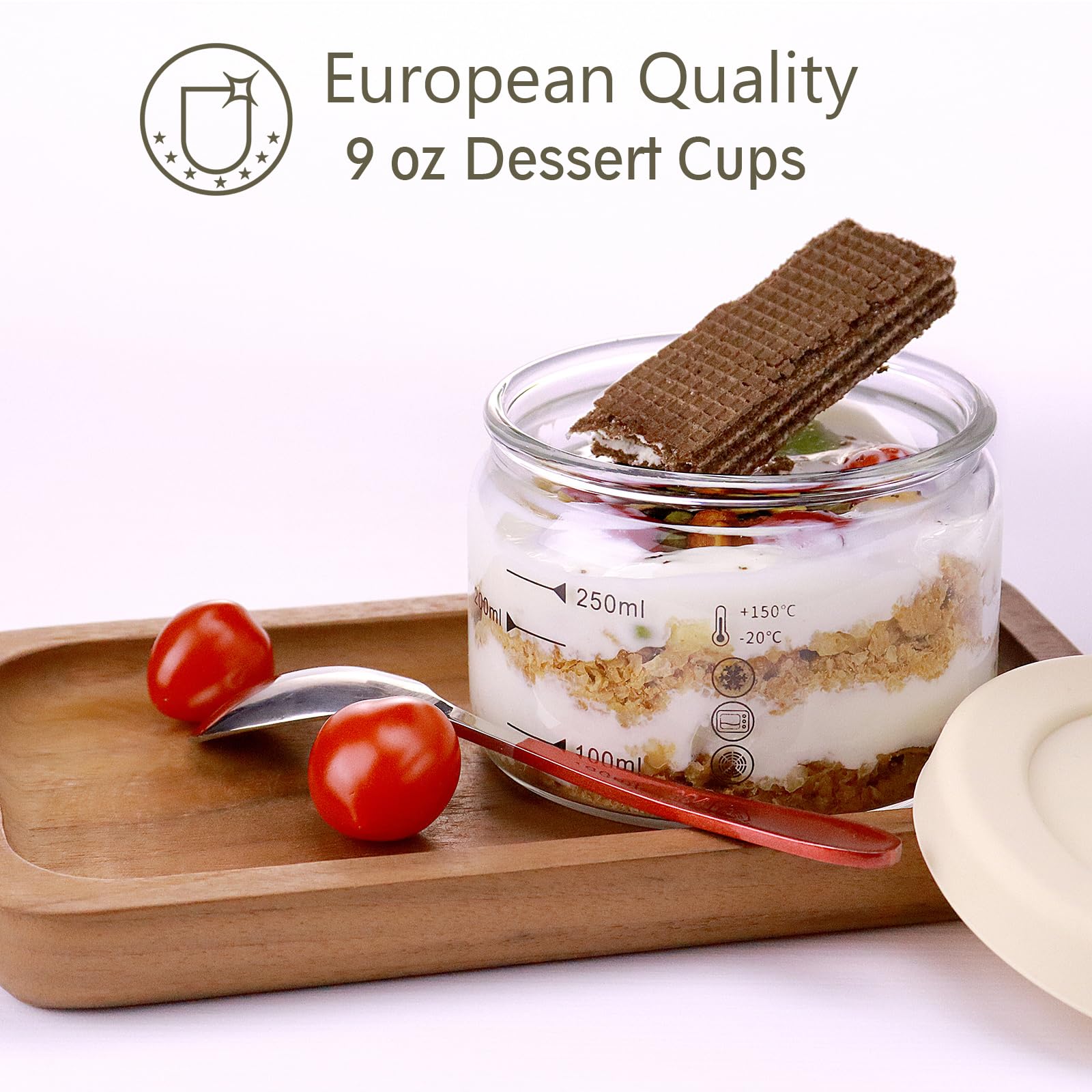Close-up of Matifaner round glass dessert cups with lid.